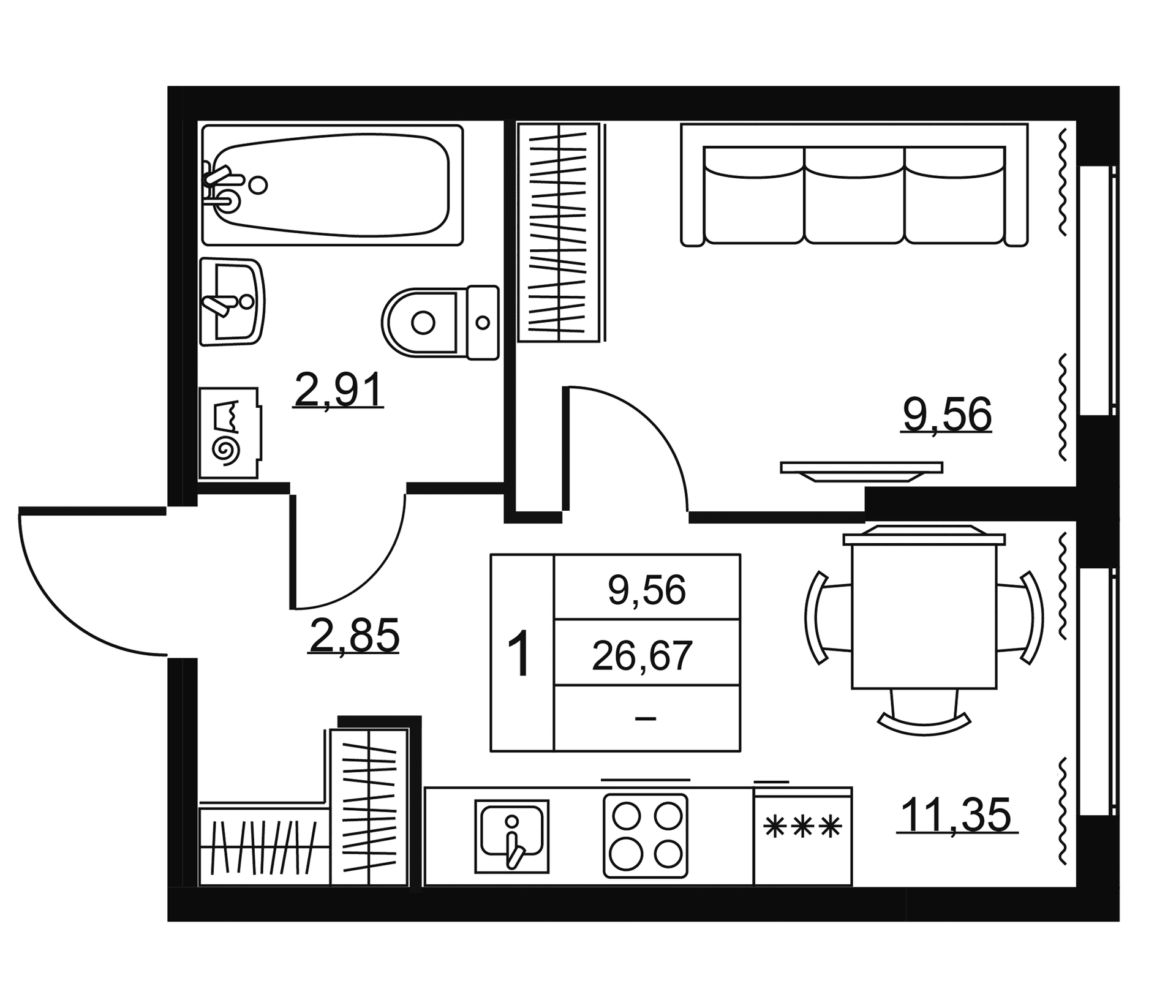 Планировка: 1-комнатная квартира 26,7 м² в ЖК «Пулковское, 34»