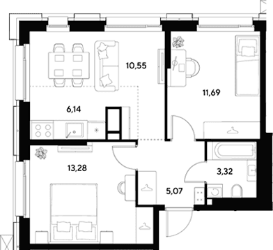Планировка: Евротрёшка 50,1 м² в ЖК «ЭВО»