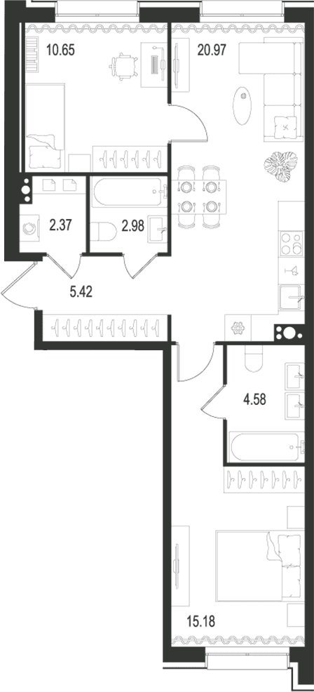 Планировка: Евротрёшка 62,2 м² в ЖК «Остров Первых»