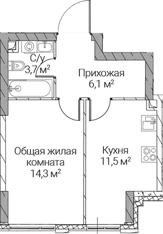 Планировка: 1-комнатная квартира 35,6 м² в ЖК «СЕЗАР СИЛИКА»