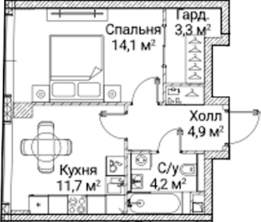 Планировка: 1-комнатная квартира 38,3 м² в ЖК «СЕЗАР БУДУЩЕЕ»
