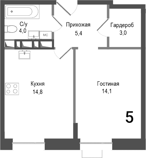 Планировка: 1-комнатная квартира 41,3 м² в ЖК «Киноквартал»