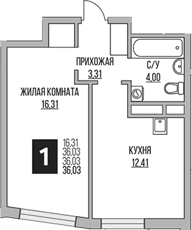 Планировка: 1-комнатная квартира 36 м² в ЖК «Гранель Притяжение Сити»