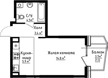 Планировка: Студия 28,6 м² в ЖК «Коллекция»
