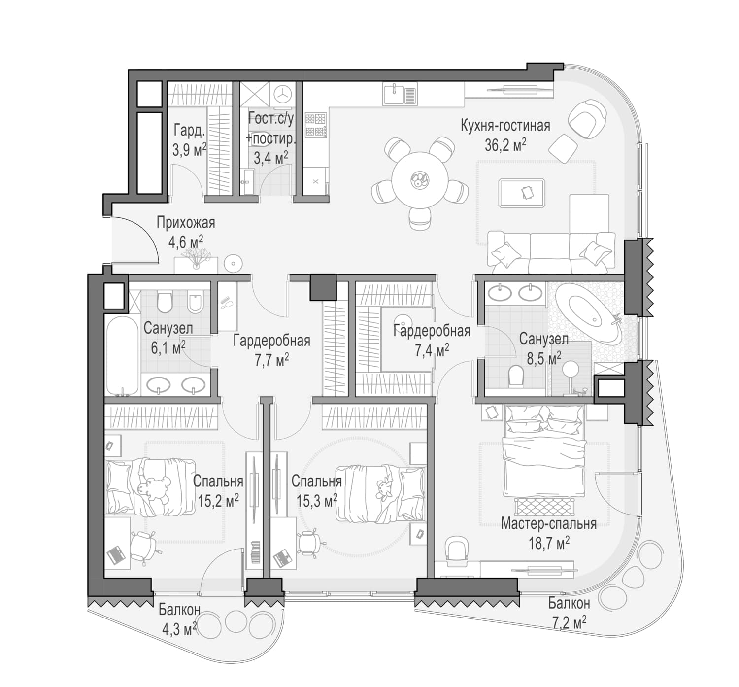 Планировка: Квартира евро-4 127,6 м² в ЖК «Дом Лаврушинский»
