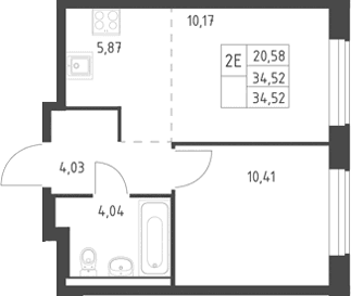 Планировка: Евродвушка 34,5 м² в ЖК «Горки Парк»