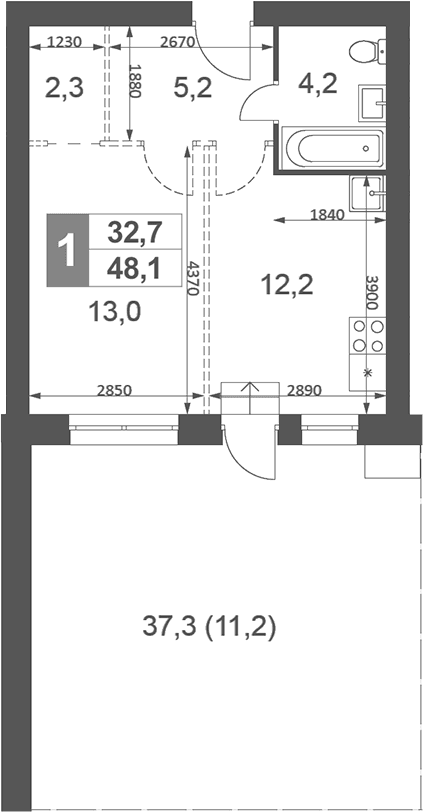 Планировка: 1-комнатная квартира 36,9 м² в ЖК «Дубровицы Клаб»