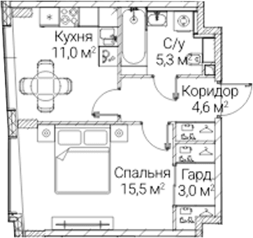 Планировка: 1-комнатная квартира 39,4 м² в ЖК «СЕЗАР БУДУЩЕЕ»