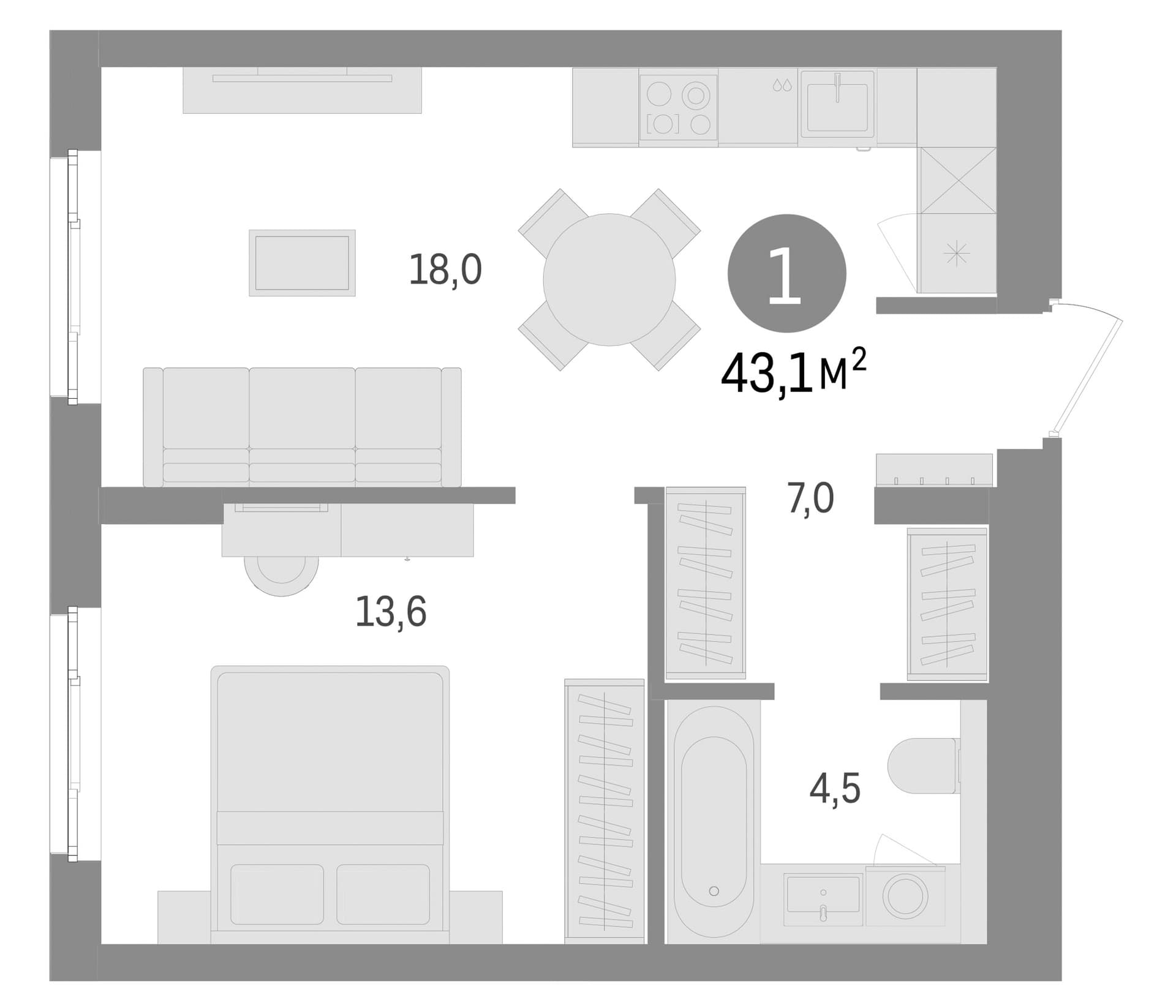 Планировка: Евродвушка 43,1 м² в ЖК «Брусника в Новоселье»