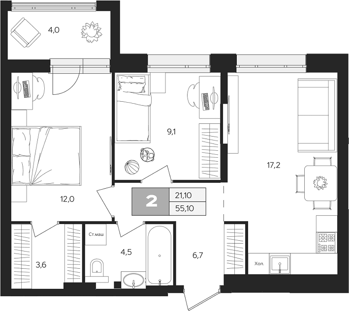 Планировка: 2-комнатная квартира 53,1 м² в ЖК «Ласточкино»