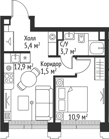 Планировка: 1-комнатная квартира 34,4 м² в ЖК «СЕТ»
