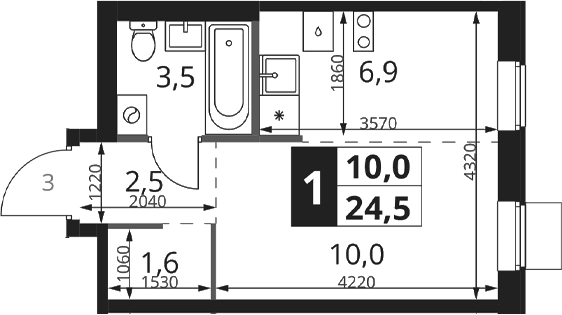 Планировка: Студия 24,5 м² в ЖК «1-й Ясеневский»