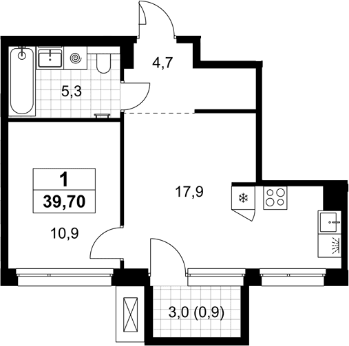 Планировка: Евродвушка 38,8 м² в ЖК «Хольм»