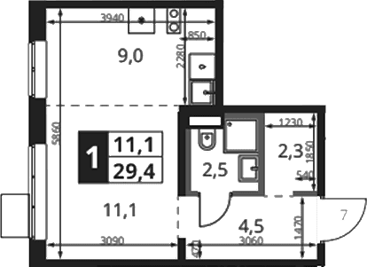 Планировка: Студия 29,4 м² в ЖК «1-й Ясеневский»
