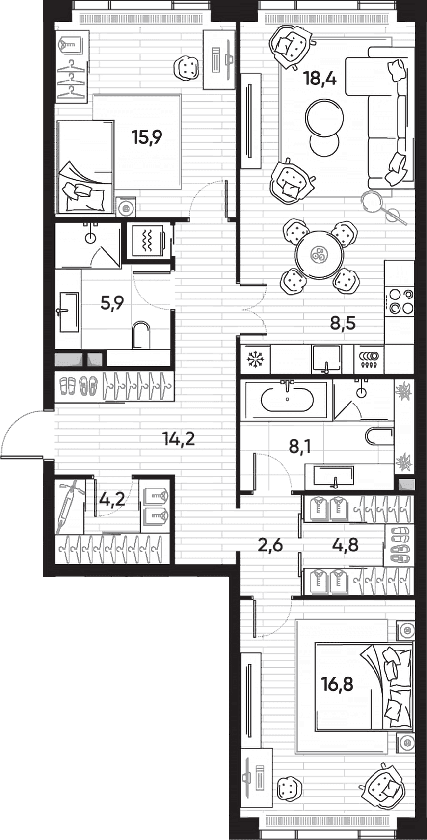 Планировка: Евротрёшка 100,1 м² в ЖК «ПРАЙД»