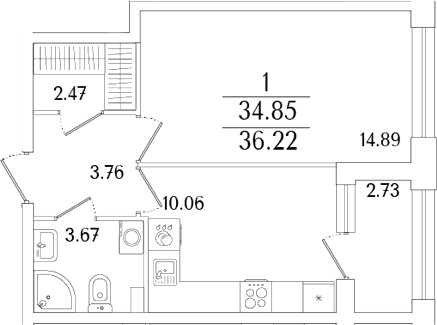 Планировка: 1-комнатная квартира 34,9 м² в ЖК «Аурум»