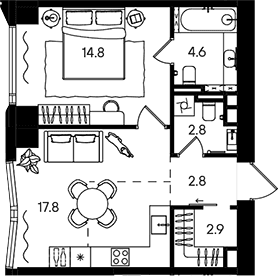 Планировка: Евродвушка 45,7 м² в ЖК «СТОУН Блик»