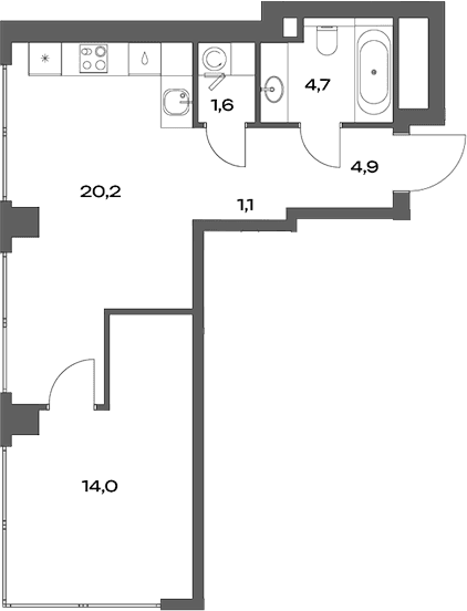 Планировка: Евродвушка 46,5 м² в ЖК «Акценты»
