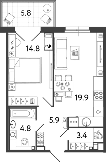 Планировка: Евродвушка 48,8 м² в ЖК «Репин»