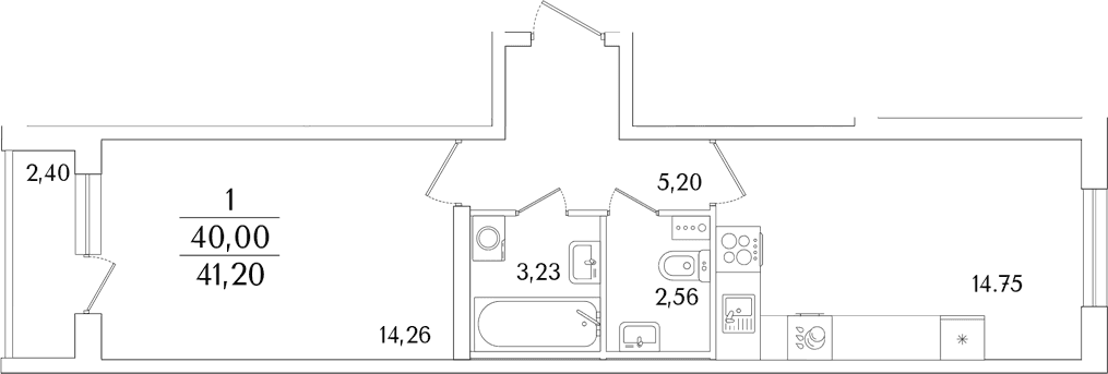 Планировка: 1-комнатная квартира 40 м² в ЖК «Кинопарк»
