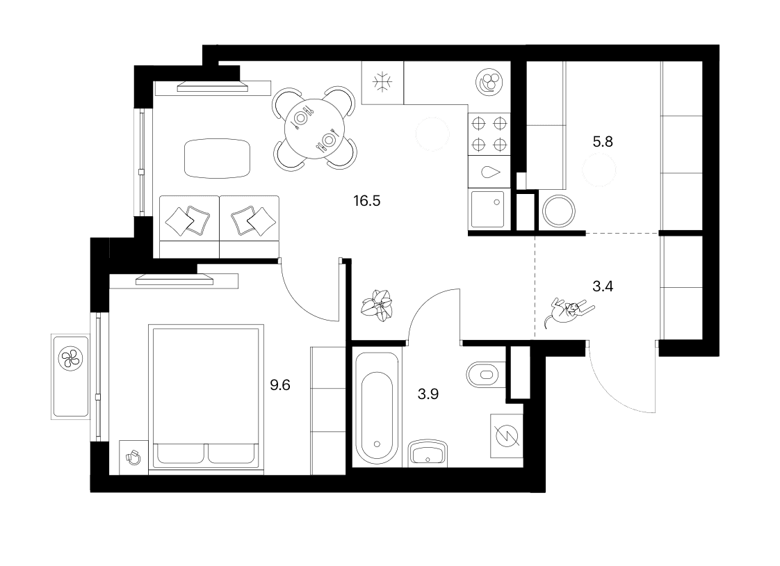 Планировка: 1-комнатная квартира 39,2 м² в ЖК «Белая Дача парк»