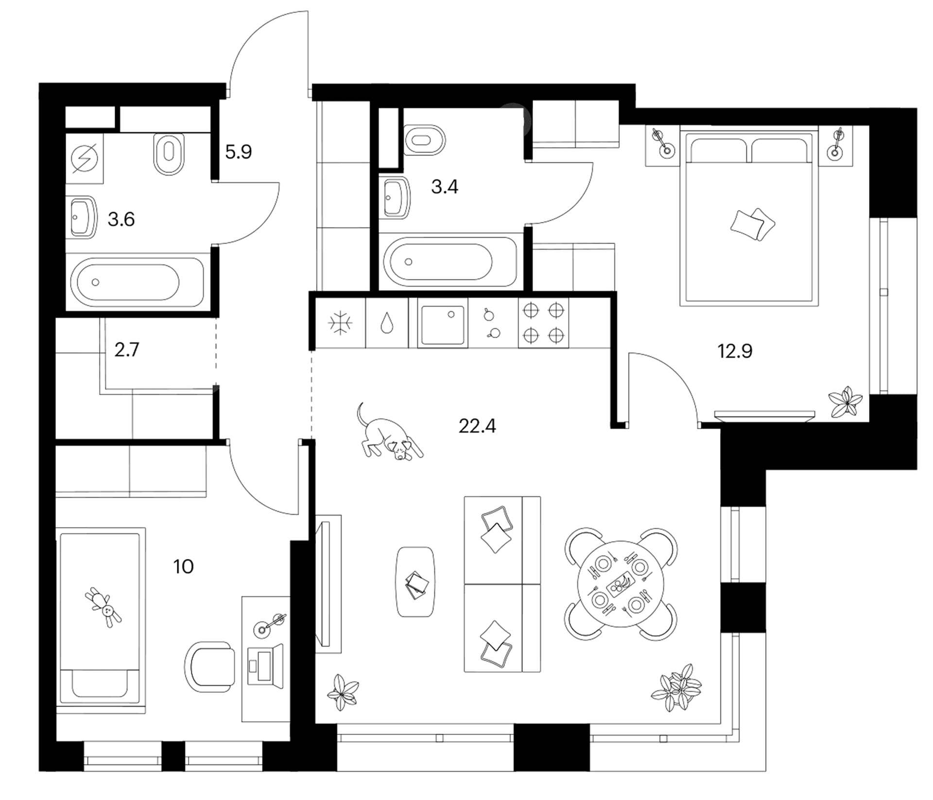 Планировка: 2-комнатная квартира 60,9 м² в ЖК «Строгино 360»