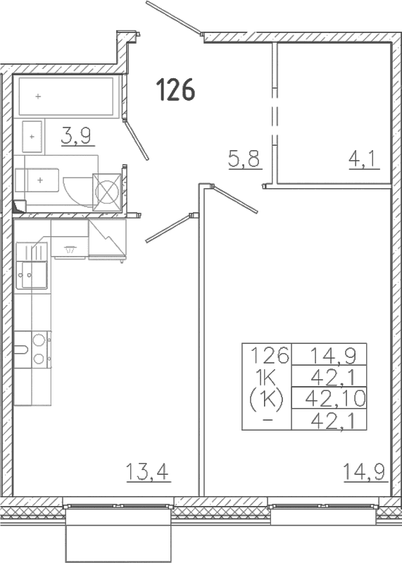 Планировка: 1-комнатная квартира 42,1 м² в ЖК «Лисино»