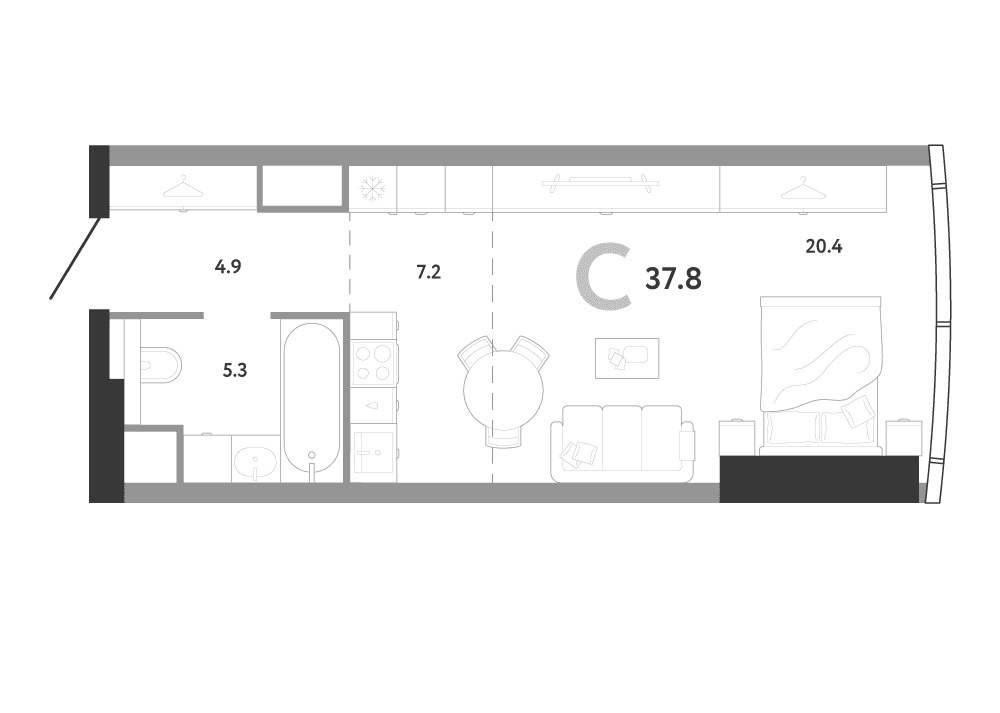 Планировка: Студия 37,8 м² в ЖК «АУРУС Резиденции»