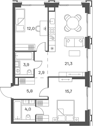 Планировка: Евротрёшка 65,6 м² в ЖК «Портленд»