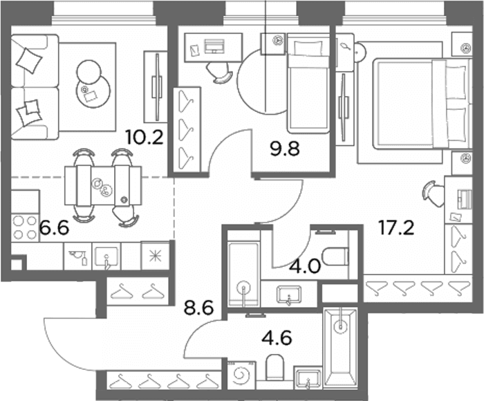 Планировка: Евротрёшка 61 м² в ЖК «Станиславский»