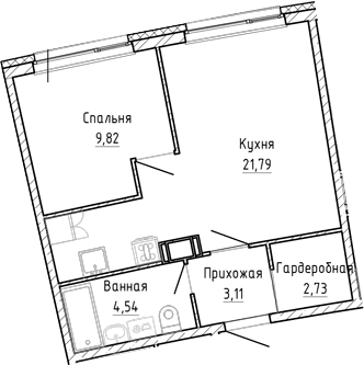 Планировка: Евродвушка 42 м² в ЖК «Аквилон Рива»