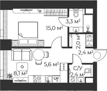 Планировка: Евродвушка 38,8 м² в ЖК «Веер»