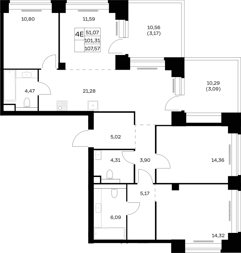 Планировка: Квартира евро-4 101,3 м² в ЖК «НОВА»