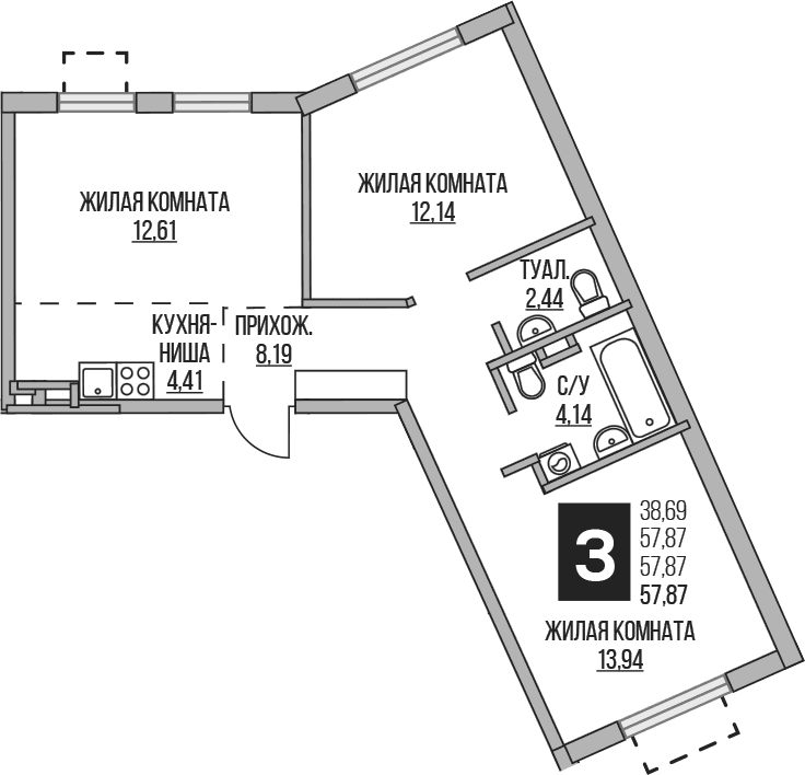Планировка: Евротрёшка 57,9 м² в ЖК «Гранель Аникеевский»