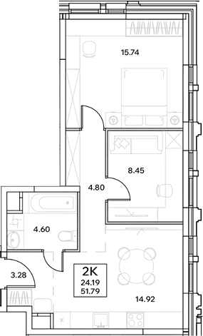 Планировка: 2-комнатная квартира 51,8 м² в ЖК «ЭВОПАРК Измайлово»