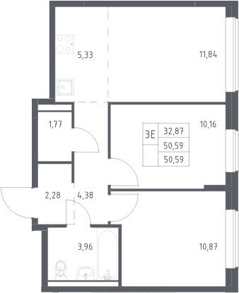 Планировка: Евротрёшка 50,6 м² в ЖК «Прибрежный Парк»