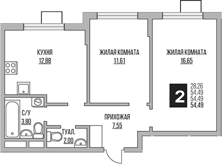 Планировка: 2-комнатная квартира 54,5 м² в ЖК «Гранель Мытищи»