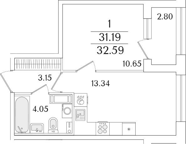 Планировка: 1-комнатная квартира 31,2 м² в ЖК «Аурум»