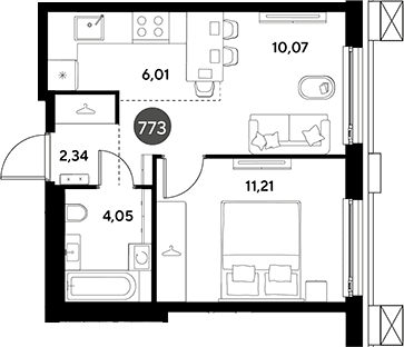 Планировка: Евродвушка 33,7 м² в ЖК «ЭВО»