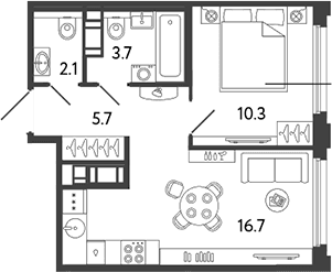 Планировка: Евродвушка 38,5 м² в ЖК «Гений»