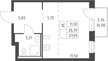 Планировка: Студия 26,4 м² в ЖК «Горки Парк»