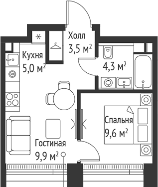 Планировка: Евродвушка 32,3 м² в ЖК «СЕТ»