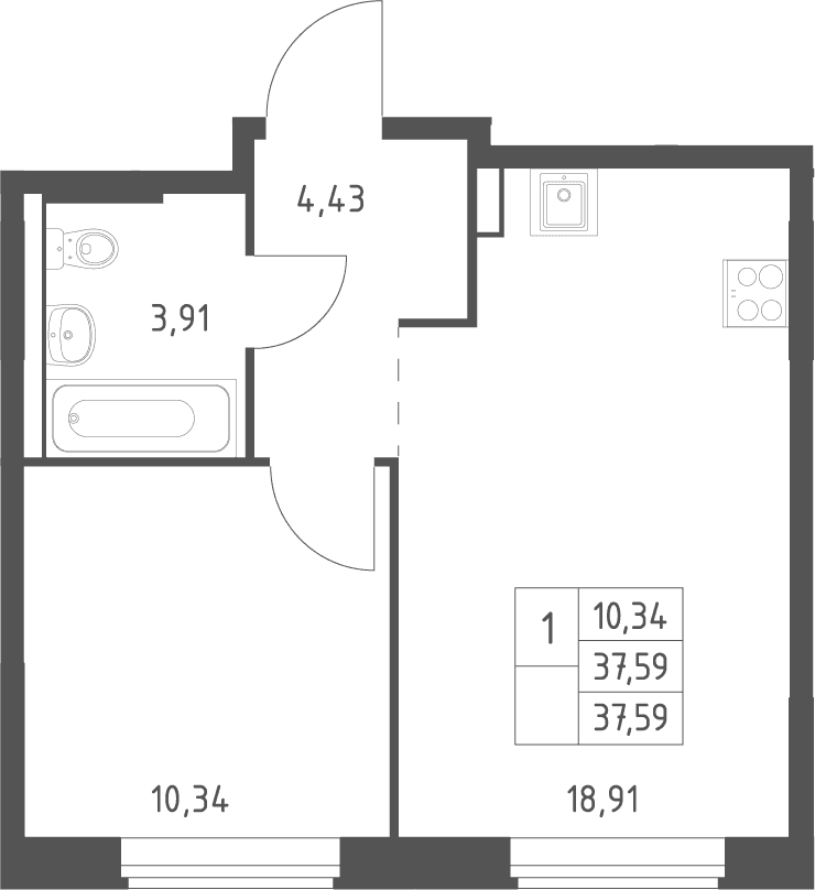Планировка: Евродвушка 37,6 м² в ЖК «Большое Юрлово»