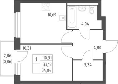 Планировка: 1-комнатная квартира 33,2 м² в ЖК «Горки Парк»