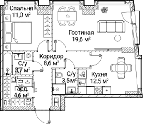 Планировка: 2-комнатная квартира 63,5 м² в ЖК «СЕЗАР БУДУЩЕЕ»