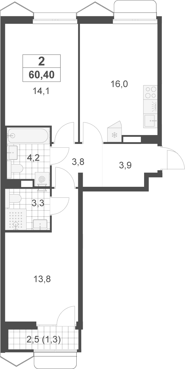Планировка: Евротрёшка 59,1 м² в ЖК «Деснаречье»
