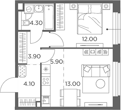 Планировка: Евродвушка 43,2 м² в ЖК «Белый Град»
