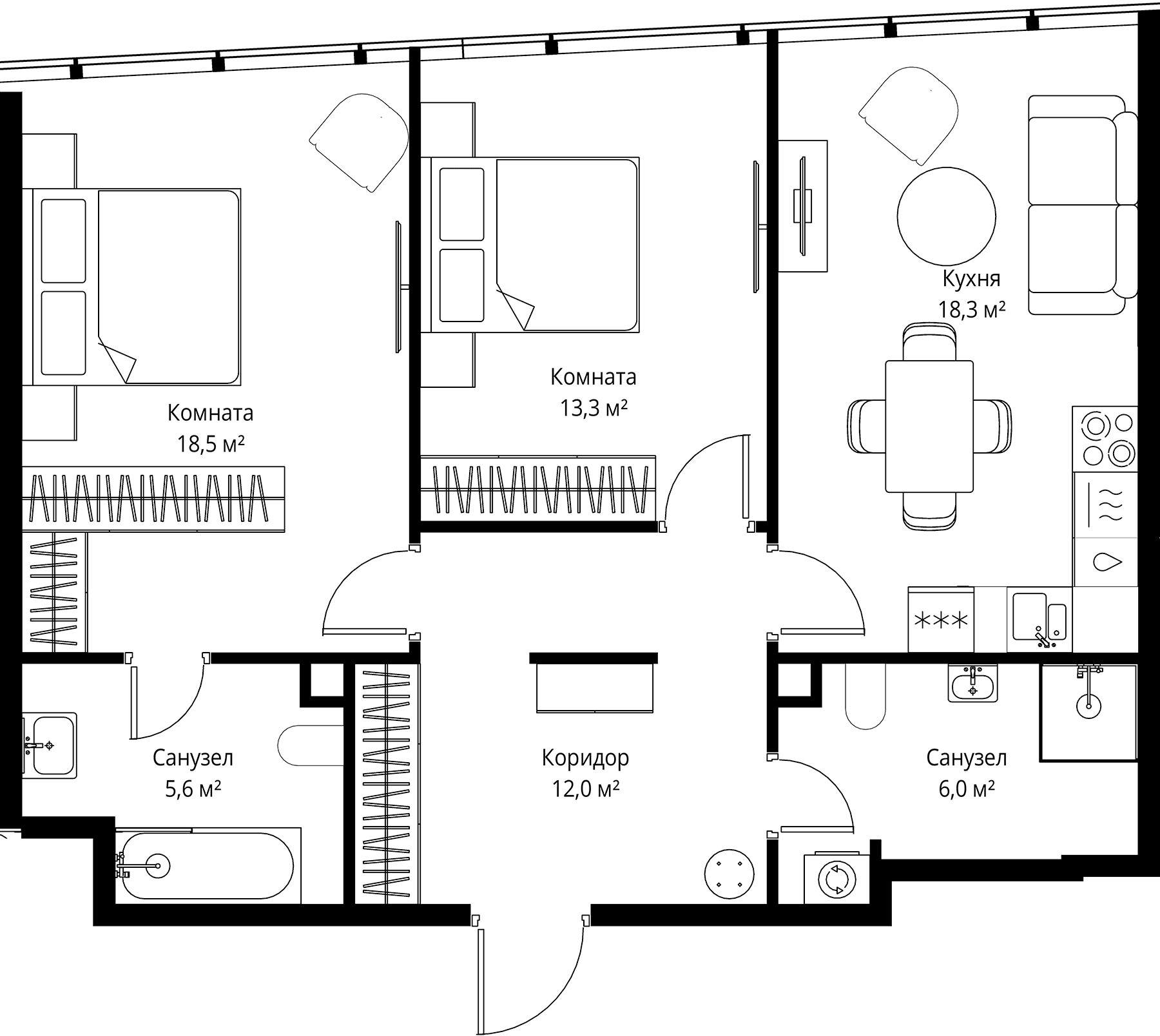 Планировка: Евротрёшка 73,7 м² в ЖК «ОНЕ»