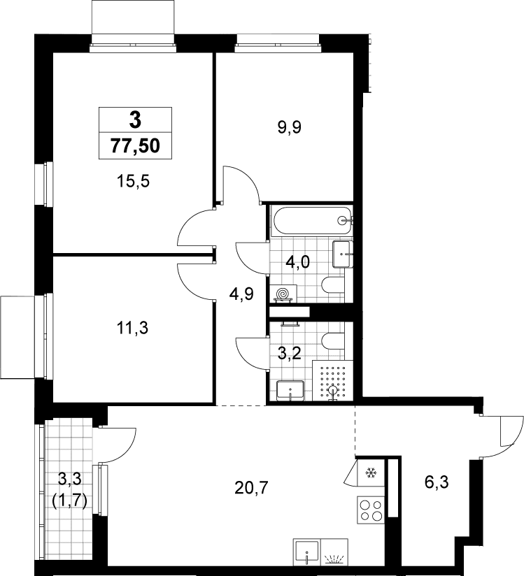 Планировка: Квартира евро-4 75,8 м² в ЖК «Деснаречье»