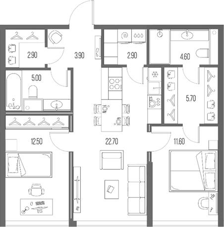 Планировка: 2-комнатная квартира 71,8 м² в ЖК «Северный Порт»